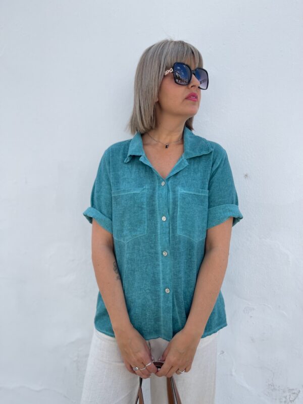 Camisa mezcla algodón-Lino turquesa. - Imagen 3