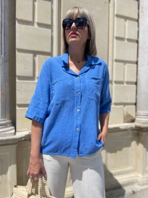 Camisa mezcla algodón-Lino Azul.