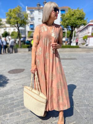 Vestido hojas gold beige.
