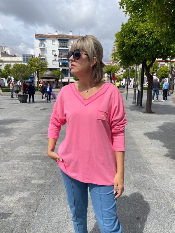 Sudadera bolsillo rosa.