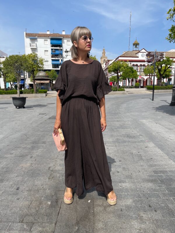 Conjunto Soft pantalón efecto falda marrón chocolate. - Imagen 2