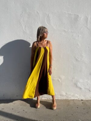 Vestido Savannah amarillo marrón chocolate.