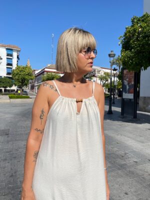 Vestido básico bolas beige.