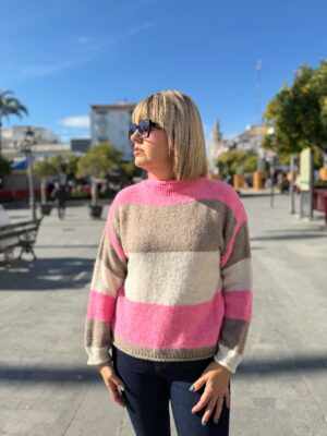 Jersey franjas rosa-camel-beige.