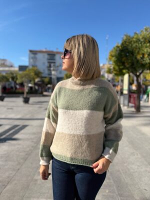 Jersey franjas verde-blanco-beige.