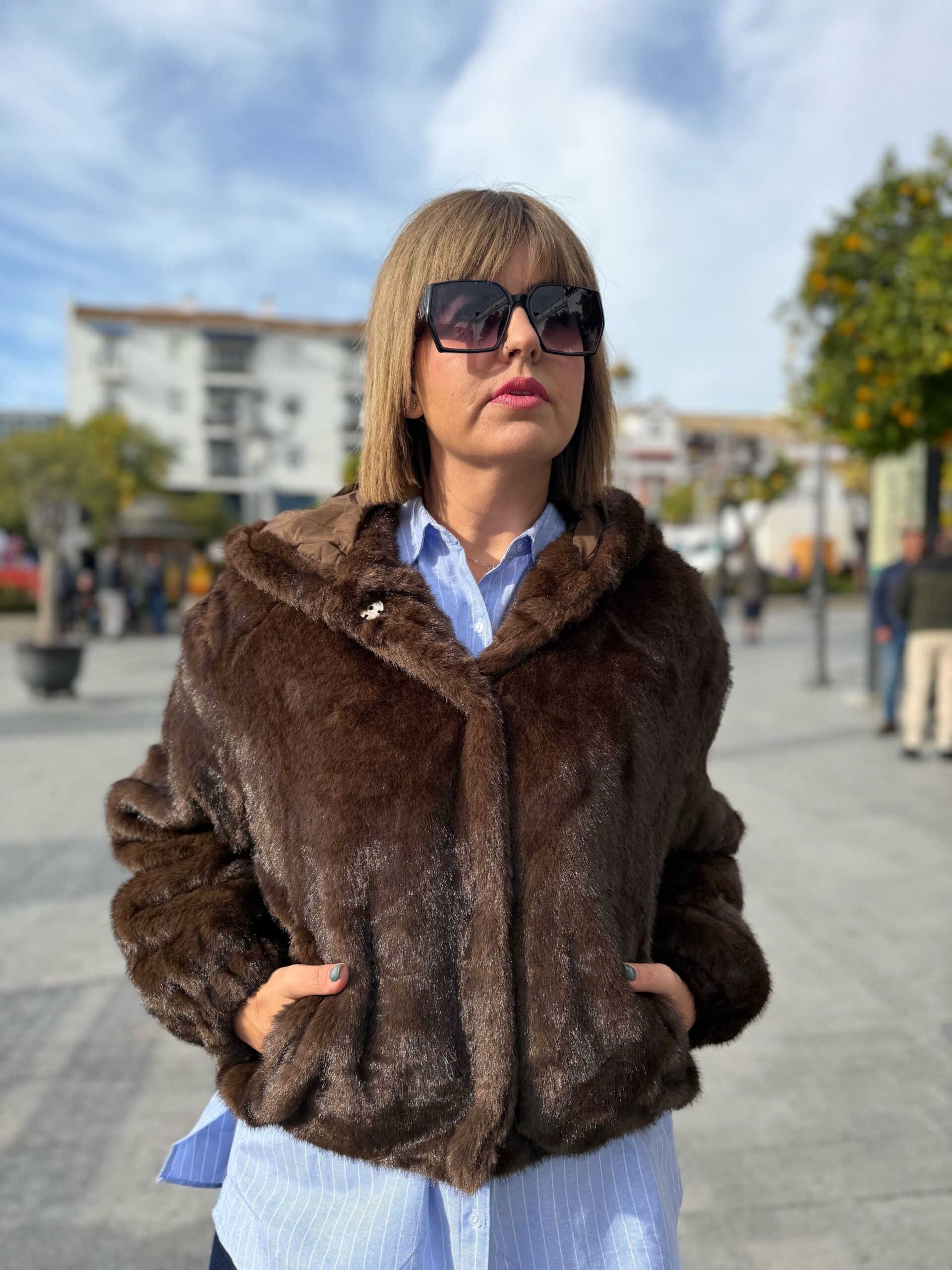 Abrigo pelo capucha marrón.