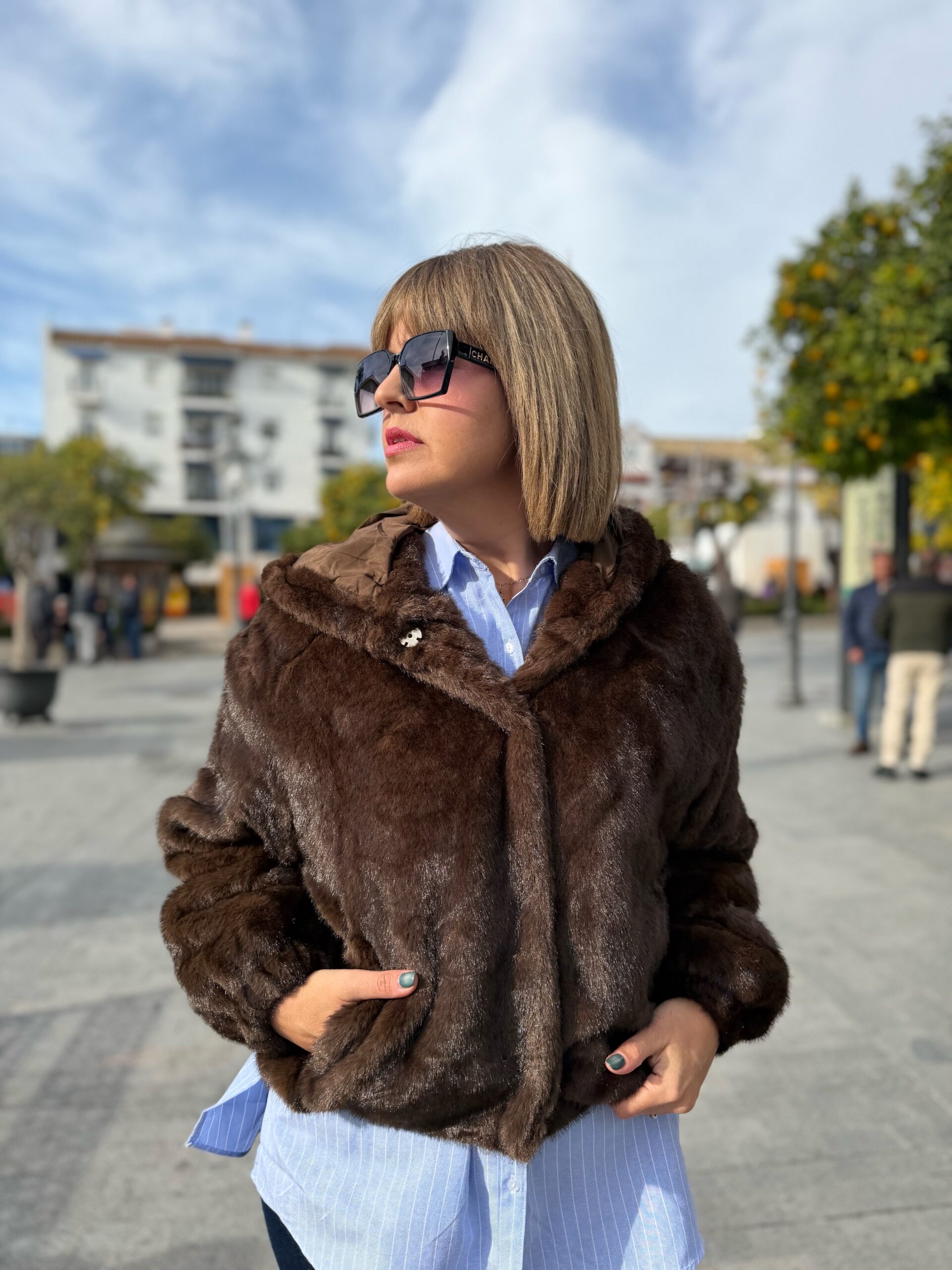 Abrigo pelo capucha marrón. - Imagen 4