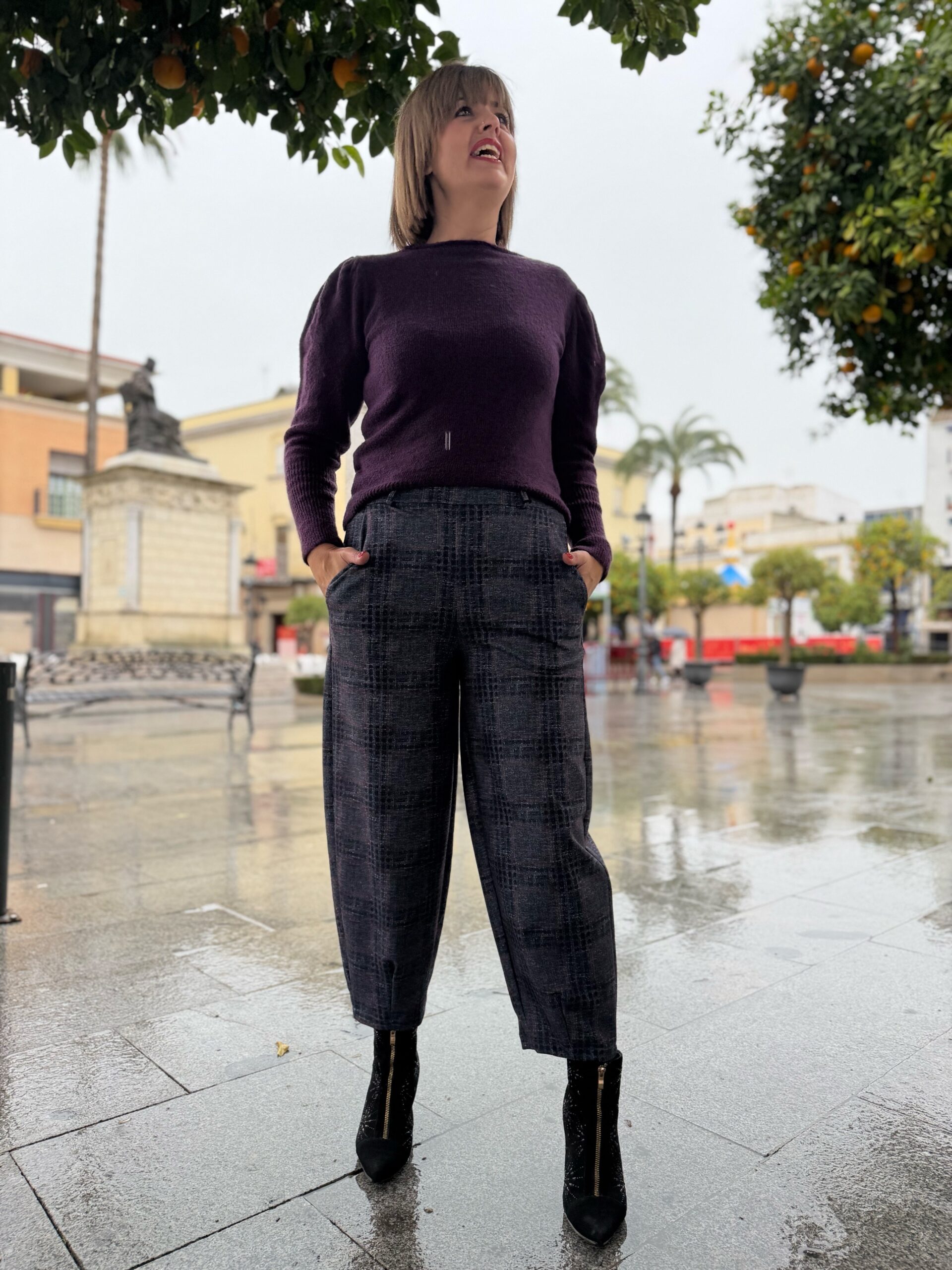 Pantalón globo cuadros azul-berenjena. - Imagen 3