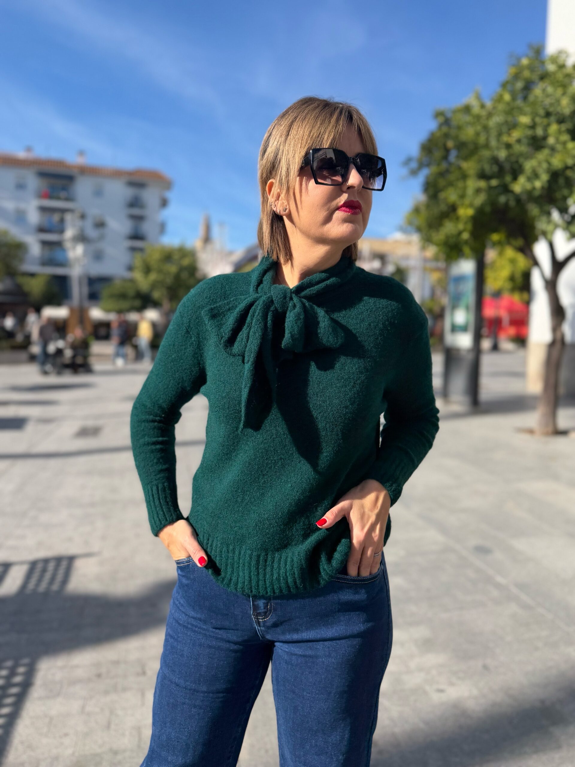 Jersey cuello lazo verde botella. - Imagen 3