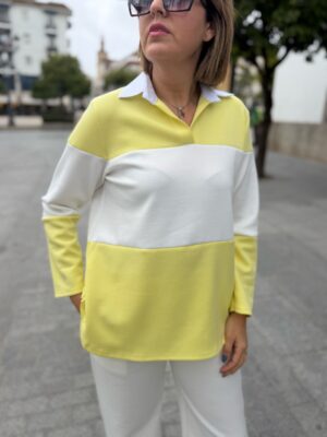 Sudadera franjas cuello polo amarilla.