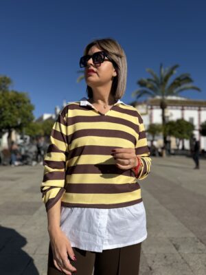 Sudadera cotton stripes amarillo-chocolate.