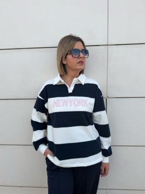 Sudadera cuello polo New York blanco-marino.