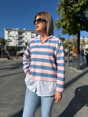 Sudadera cotton stripes celeste-rosa.