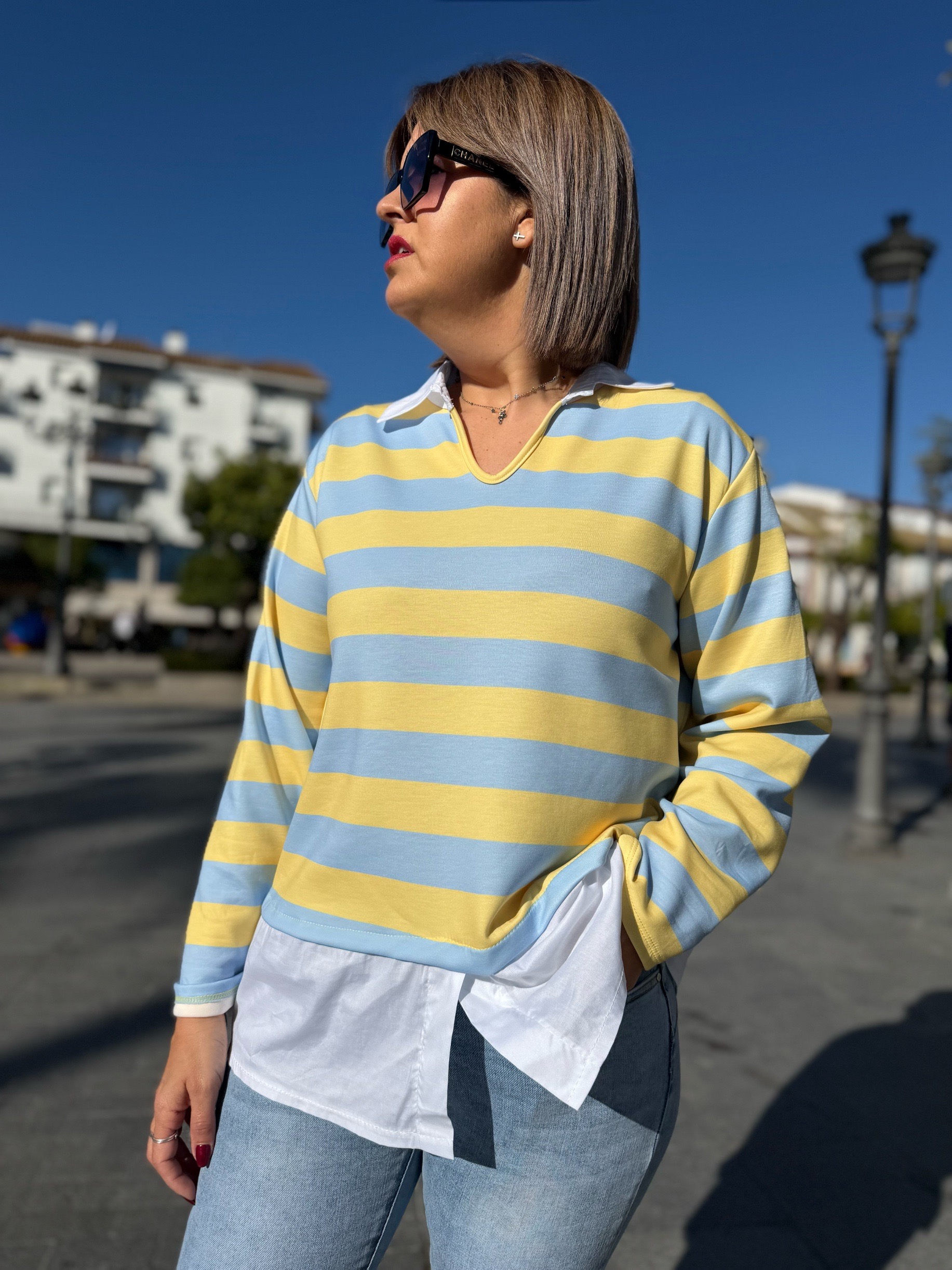 Sudadera cotton stripes celeste amarillo. - Imagen 3