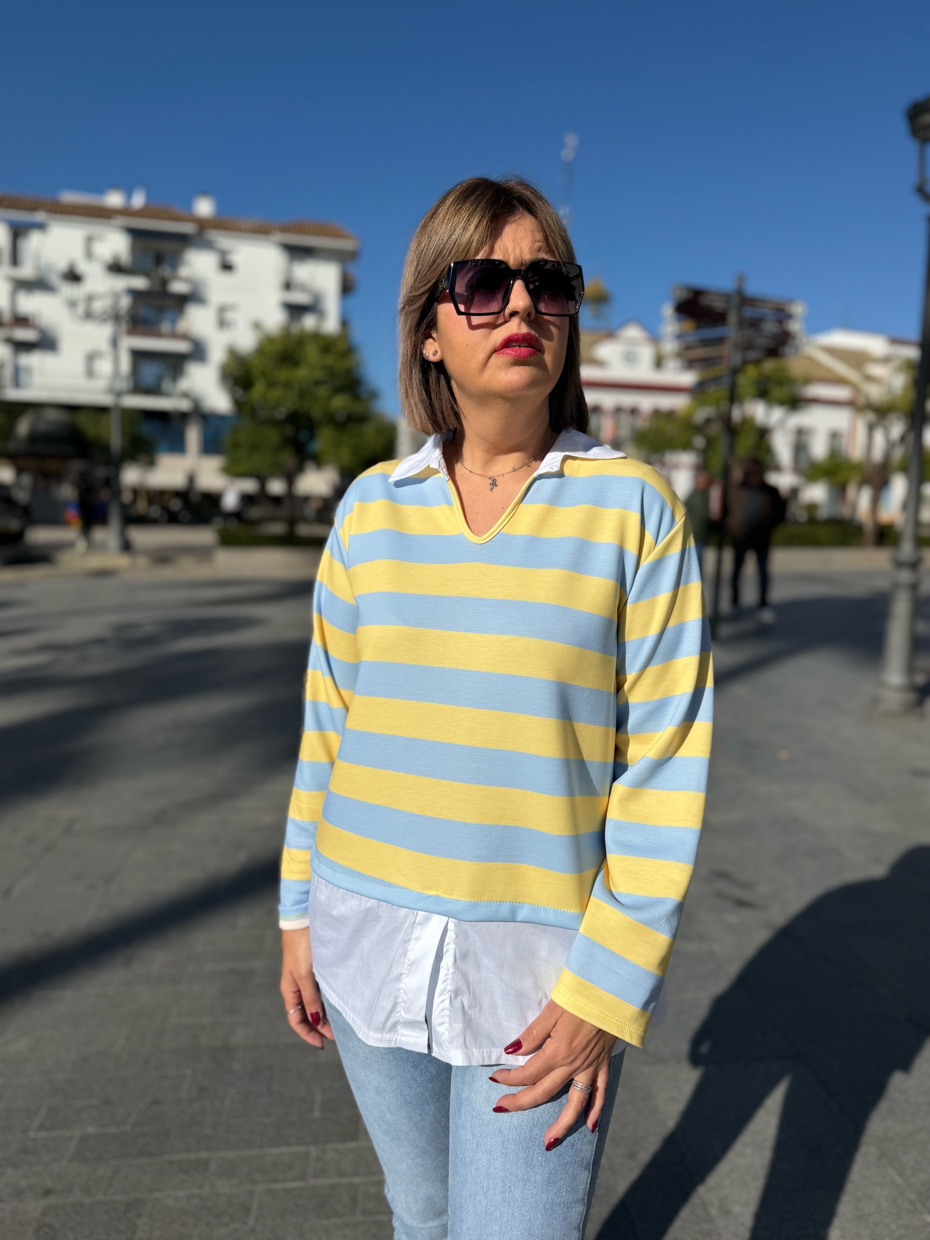Sudadera cotton stripes celeste amarillo.
