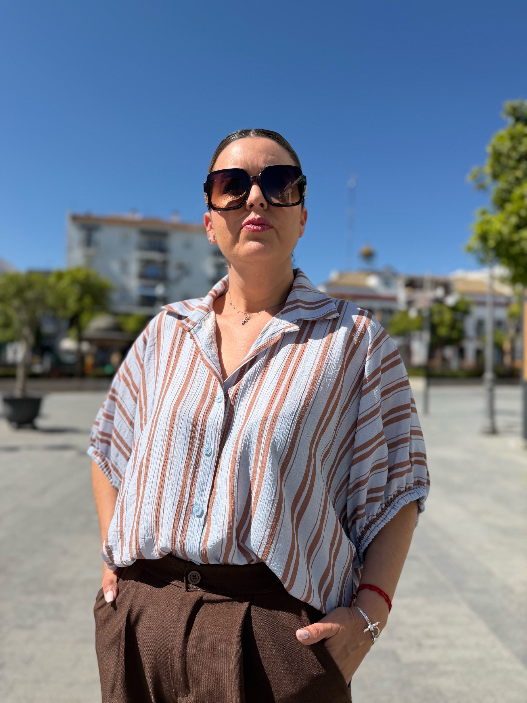 Camisa Martina celeste-marrón.