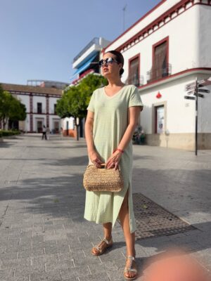 Vestido Venecia amarillo-celeste.