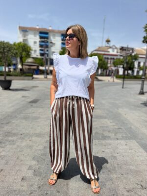 Pantalón balón rayas chocolate beige.