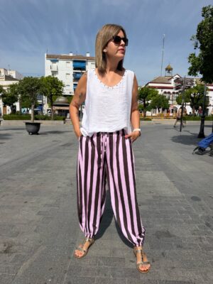 Pantalón Venecia rosa-chocolate.