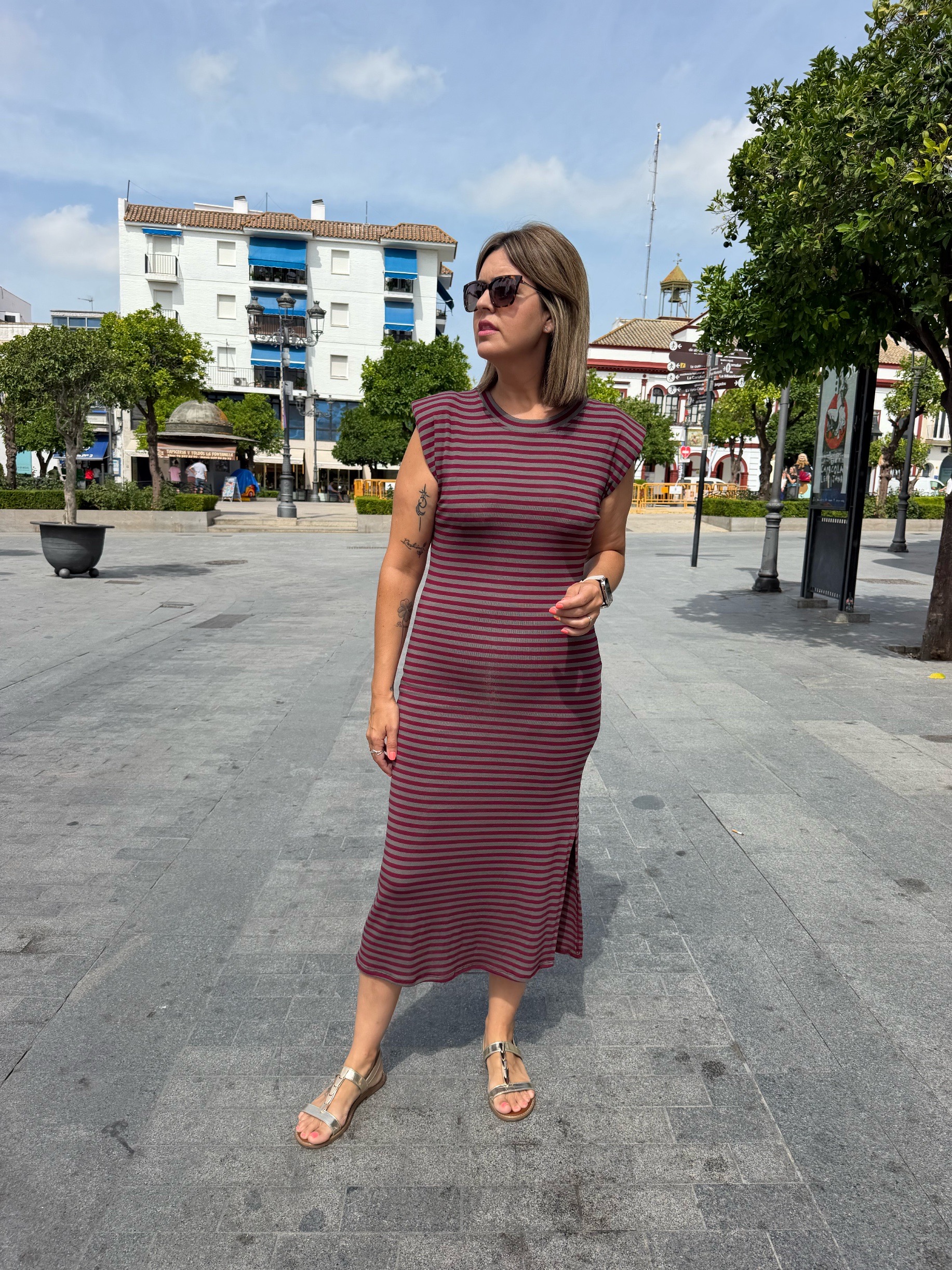 Vestido mil rayas verde-berengena. - Imagen 2