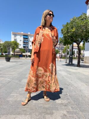 Conjunto tropical vestido+bomber cazuela.
