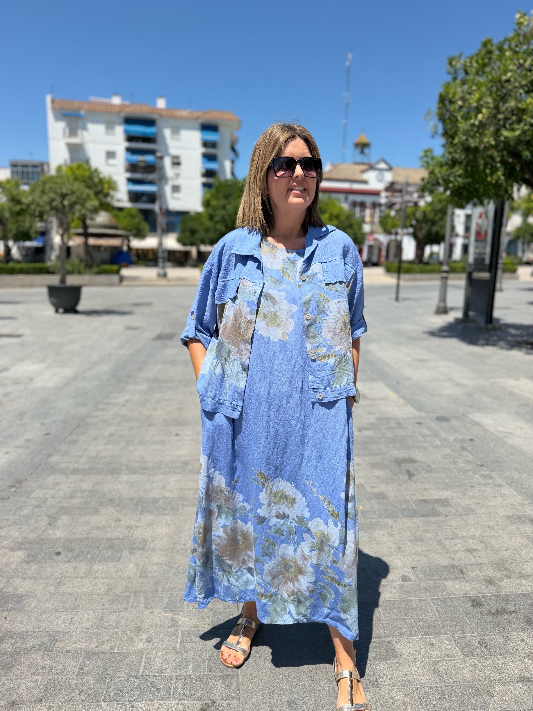 Conjunto tropical vestido+bomber celeste. - Imagen 6