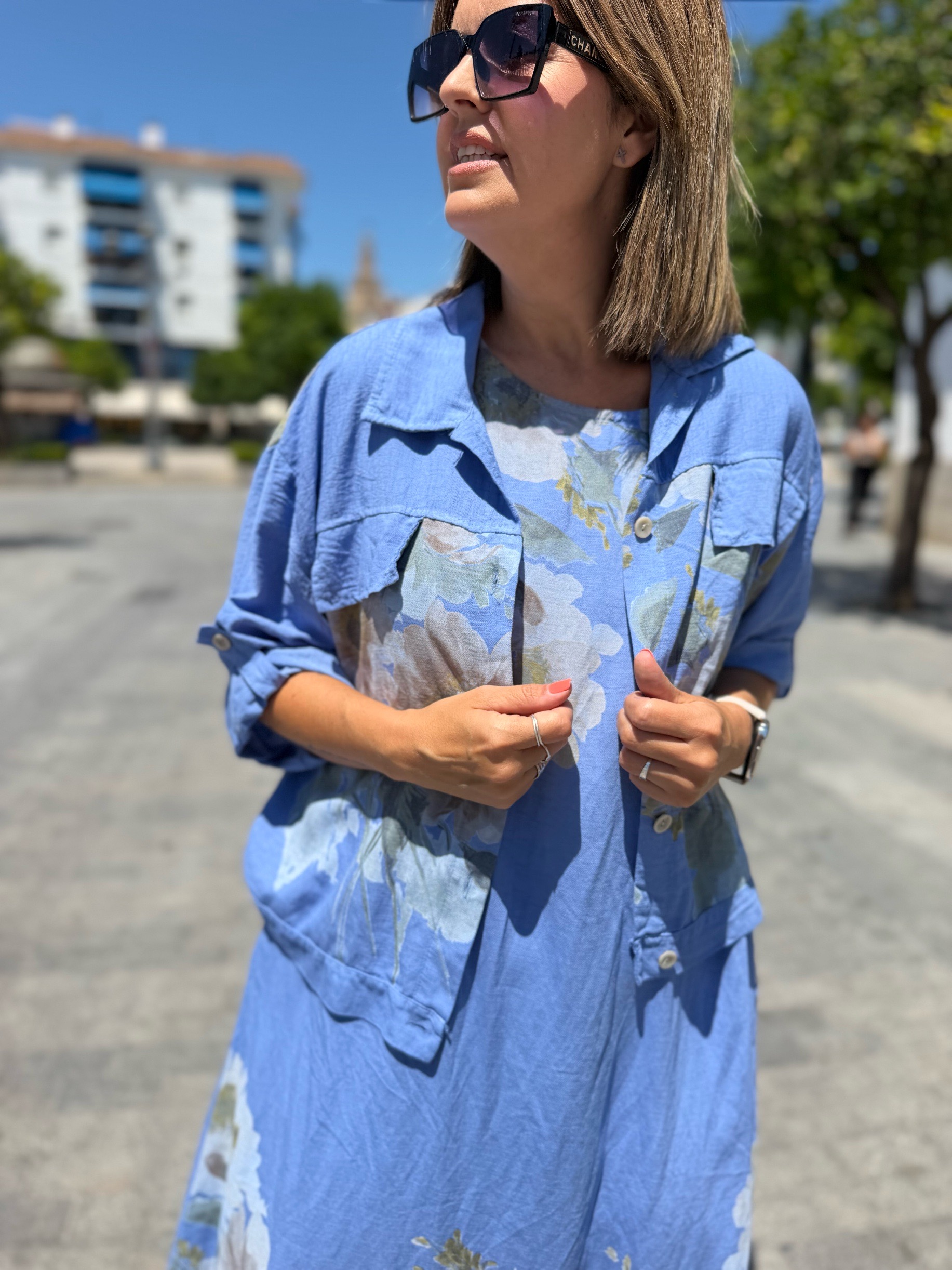 Conjunto tropical vestido+bomber celeste. - Imagen 4
