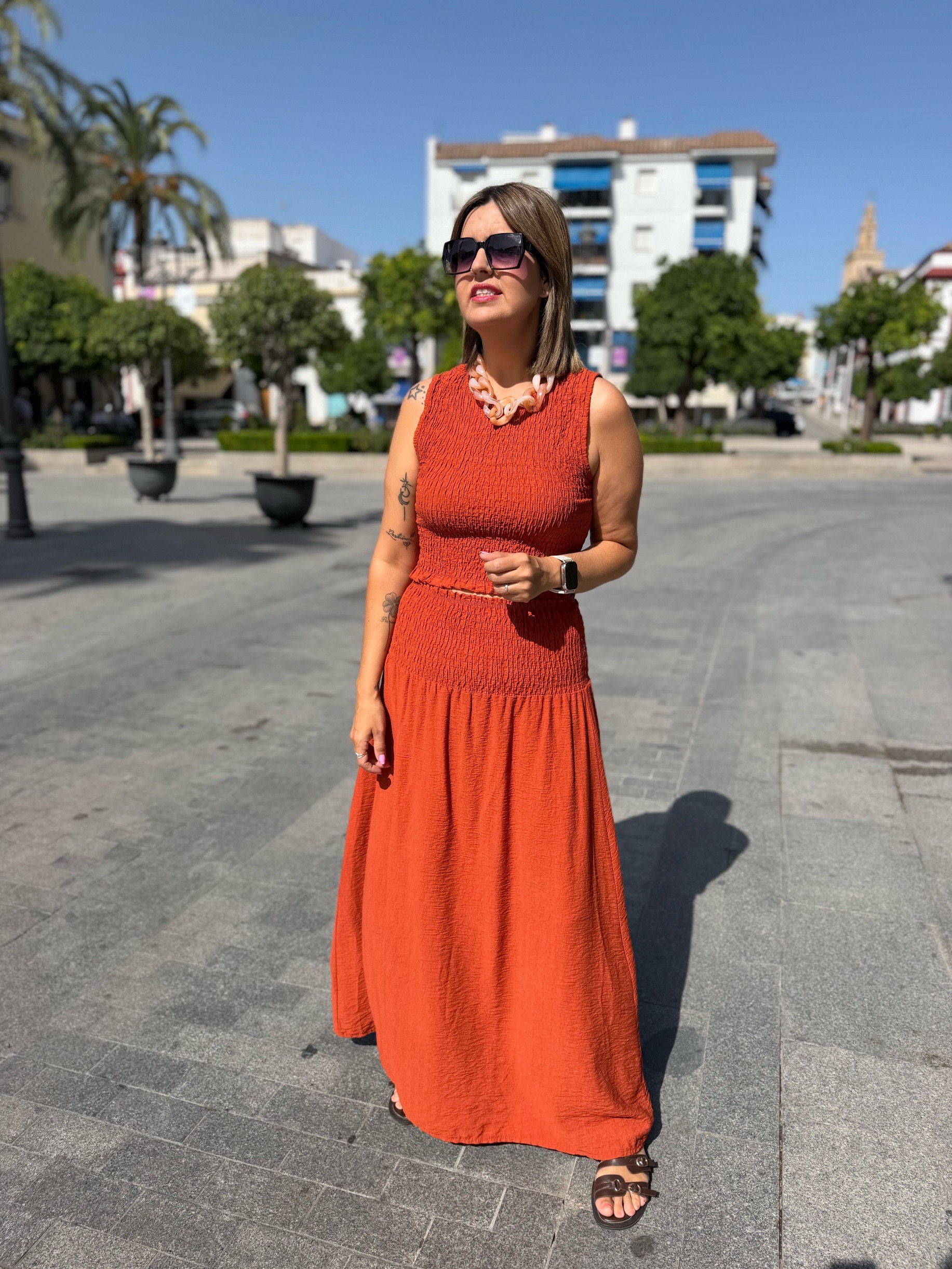 Conjunto Ipanema (falda-top) teja.