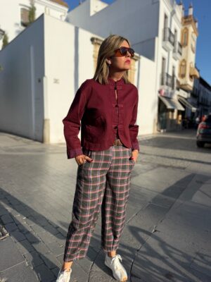 Pantalón balon maxi cuadro gris berengena.
