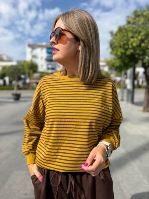 Sudadera milrayas mostaza-chocolate.